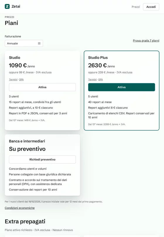 Pagina Prezzi di Zetai su tablet